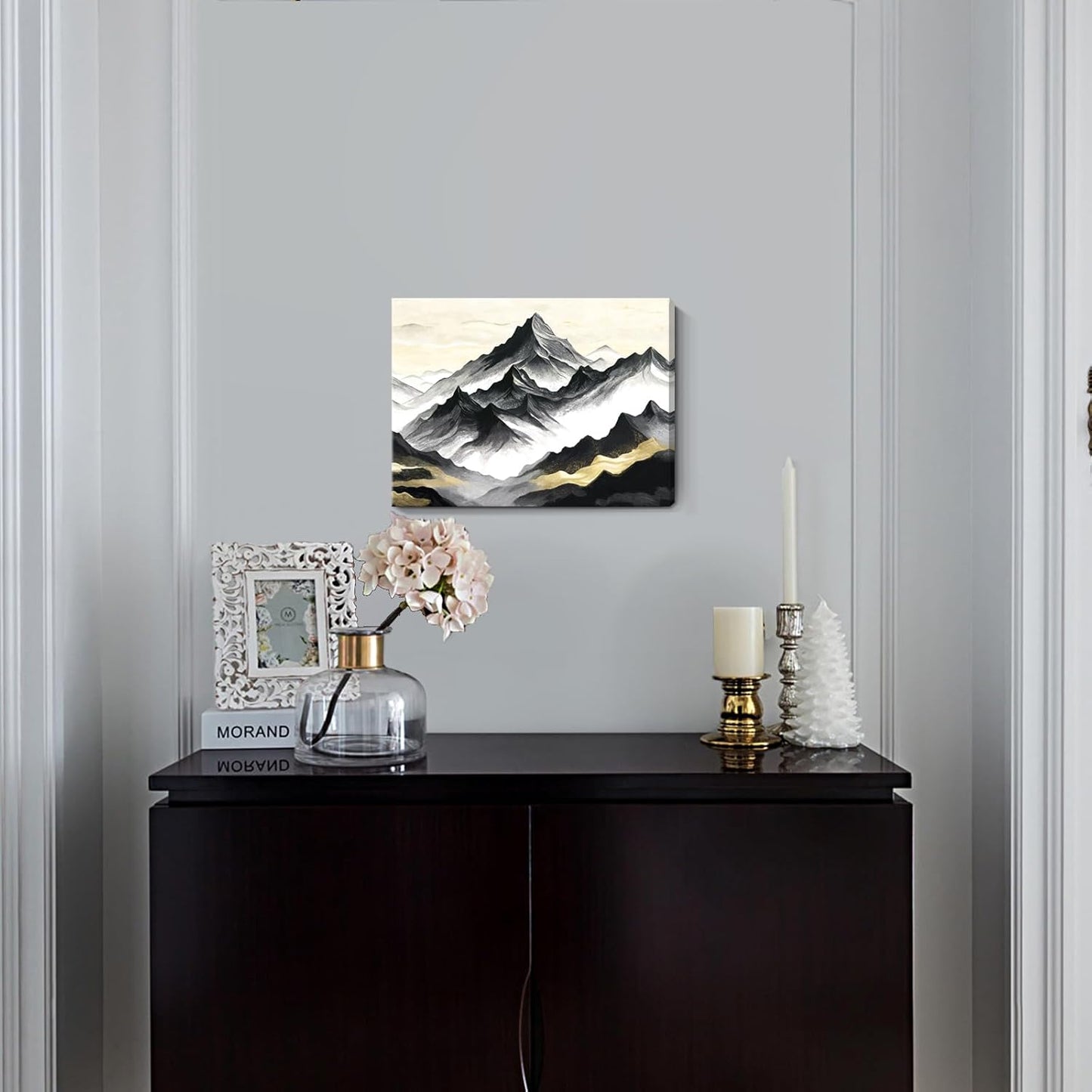 amatop Black and White Mountain Wall Art – Minimalist Modern Landscape Canvas Print Nature Scene Picture Bathroom Bedroom Office Wall Decor, Small Tranquil Misty Hills Zen Artwork for men, 16x12 Inch