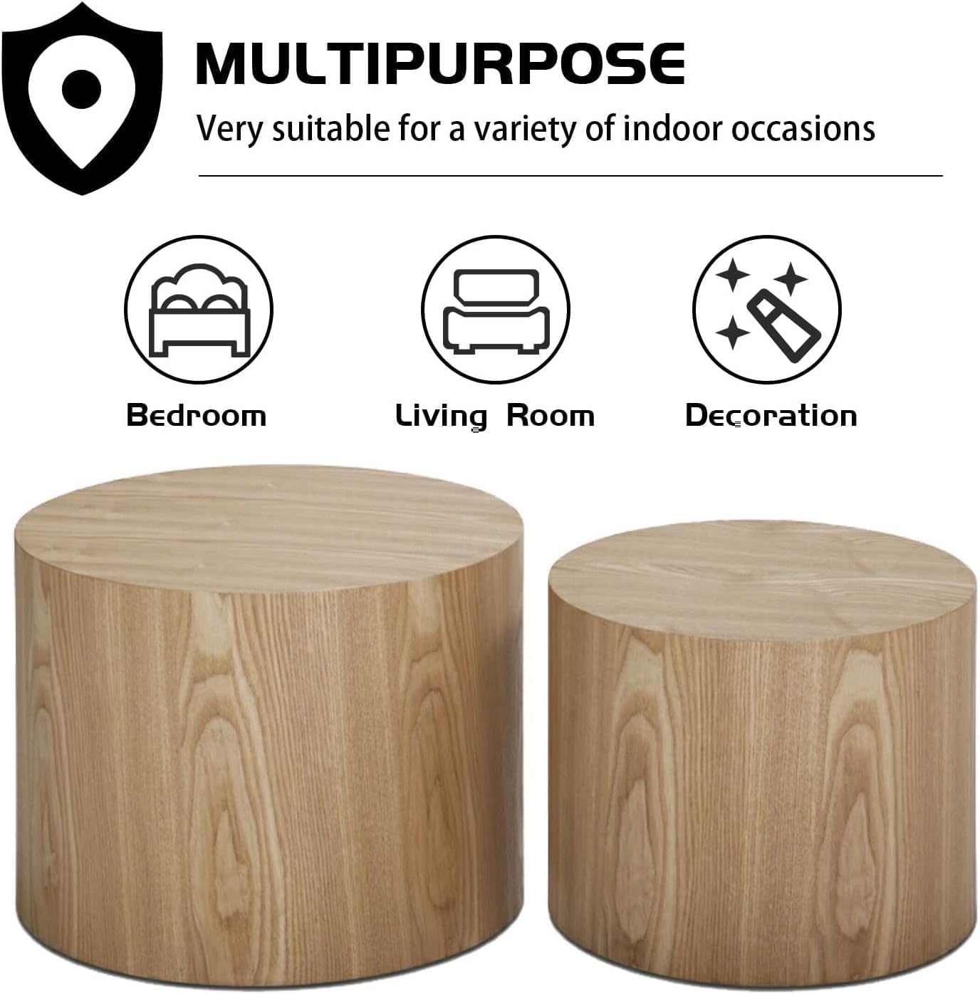Nesting Coffee Table Set of 2, Modern Round Coffee Table with Non-Slip Feet, Oak Wooden Circle Accent Tables for Small Spaces Living Room Bedroom Balcony Office Drum Side Table