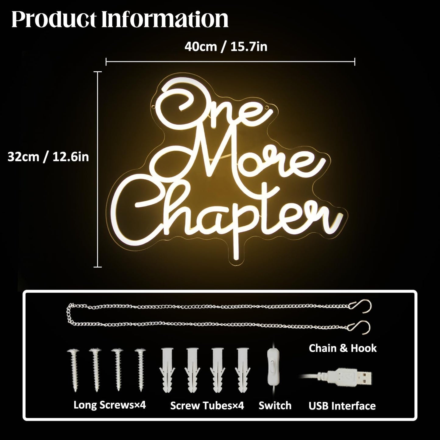 One More Chapter Neon Sign Read Books Neon Light Warm White Letter LED Signs for Wall Read Neon Lights Signs for Bedroom Study Reading Room Library Bookstore Classroom Decor Bookish Gifts