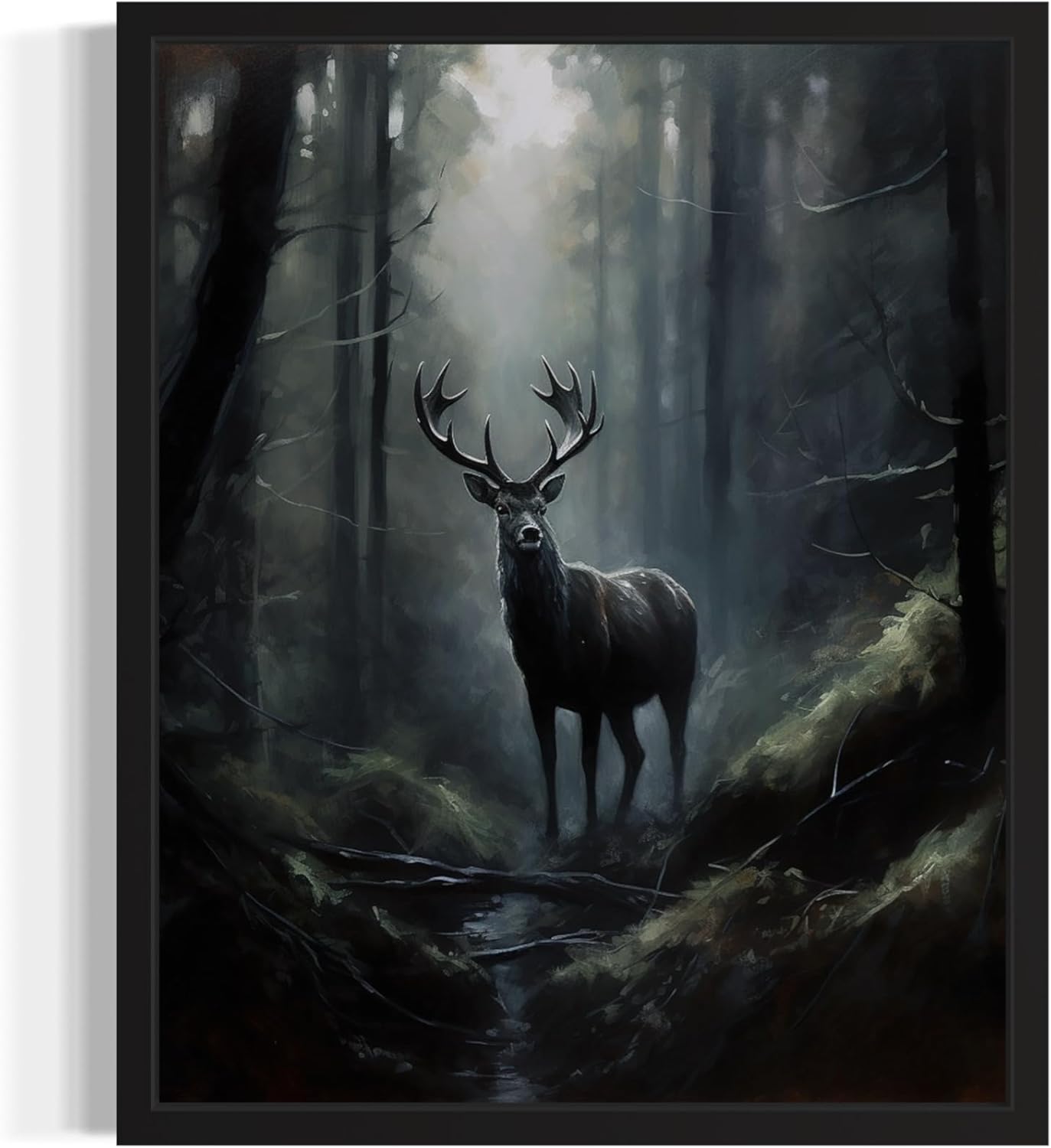 Deer in Forest Poster Art Print, Halloween Scary Vintage Wall Art Academia Spooky Painting Decoration for Horror Prints, Gothic Posters Bedroom Decor 89 (Deer in Forest, 16 x 20 inches, Black Frame)