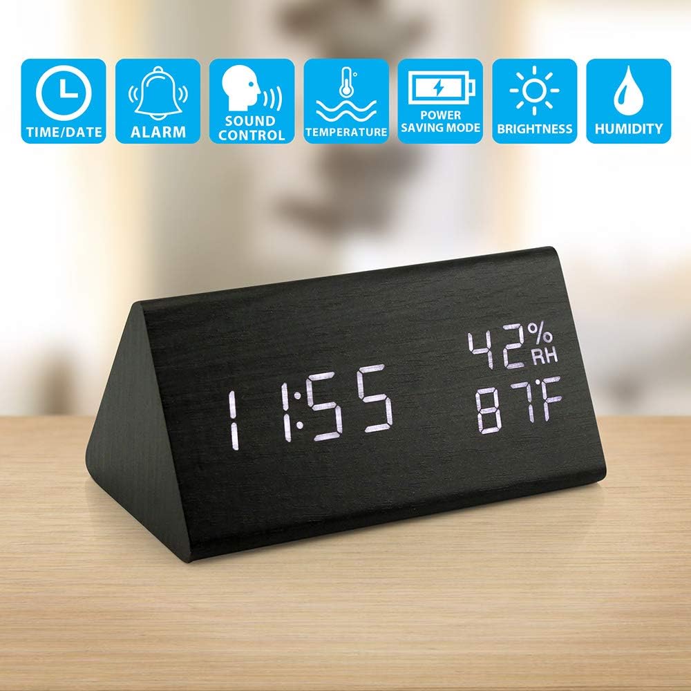 OCT17 Wooden Alarm Clock, Smart LED Digital Clock for Bedroom/desks, Upgraded with Time Temperature, Adjustable Brightness and Voice Control, Humidity Displaying - Black
