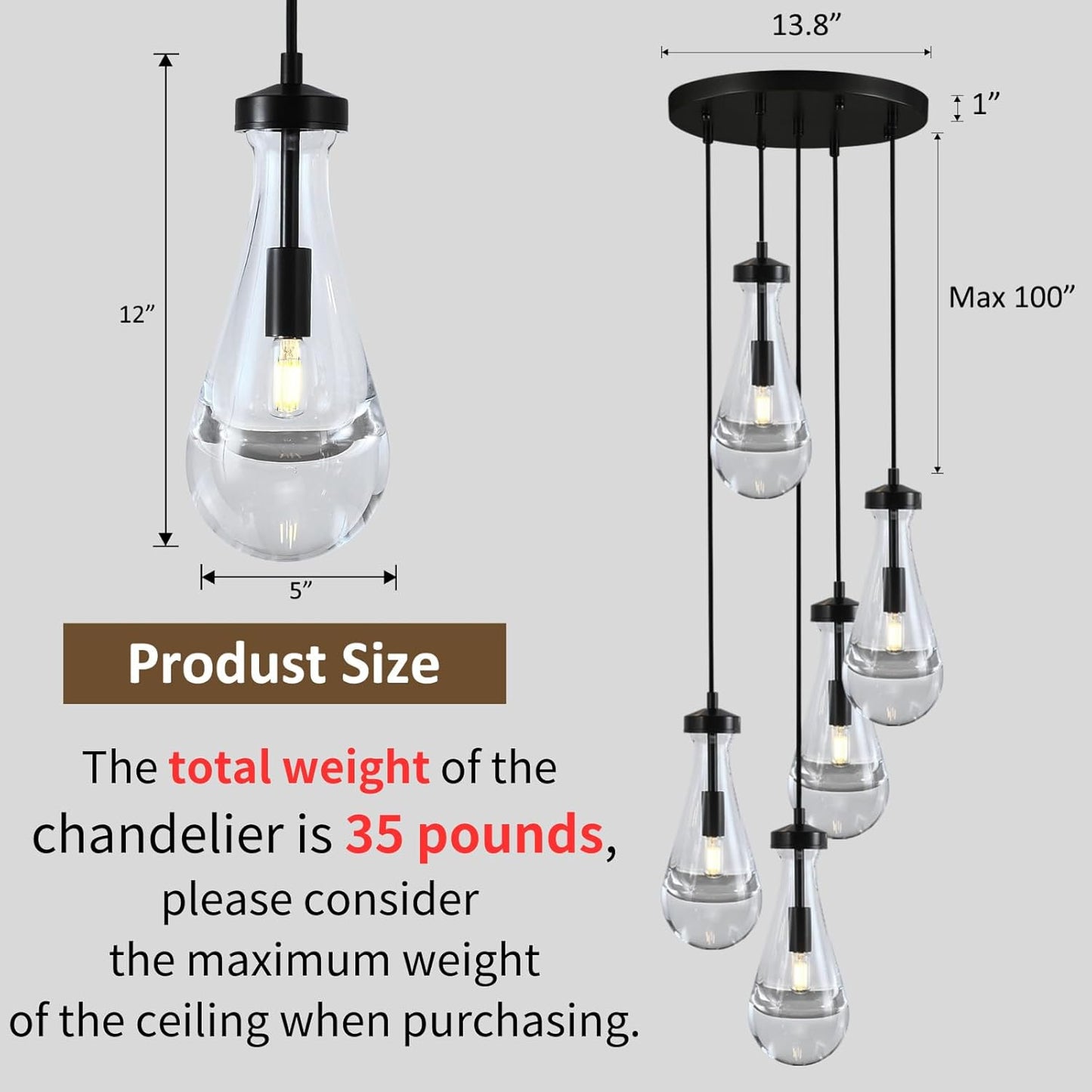 Bronze 5 Light Raindrop Chandeliers, Black Cluster Pendant Light Teardrop Dining Room Light Fixture Pendant Lights Kitchen Island, Hanging Ceiling Pendant Lighting for Entryway Living Room