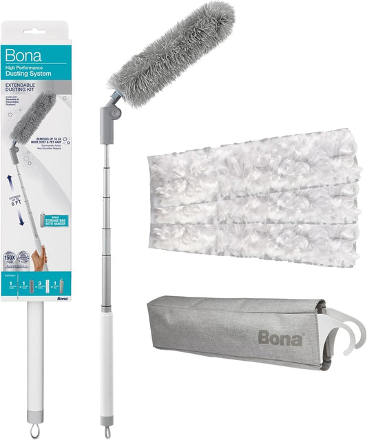 Bona High Performance Dusting System - 1 Extendable Handle, 3 Disposable Dusters, 1 Reusable Duster, & 1 Storage Bag - Extendable Dusting Kit