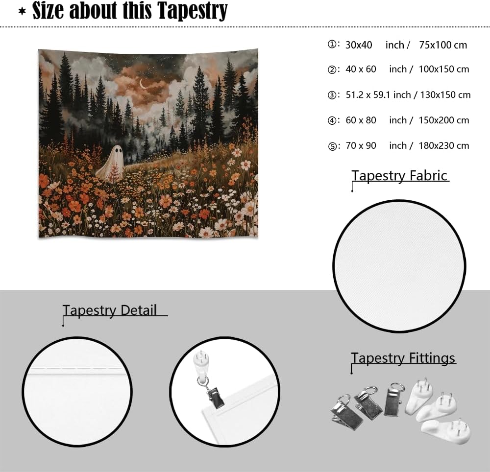 Spooky Fall Forest Art Halloween Tapestry Wall Hanging Cute and Funny Forest Flower Ghost Tapestry for Bedroom Whimsical Dark Academia Aesthetic Tapestries for Home Living Room Decor 70x90inch
