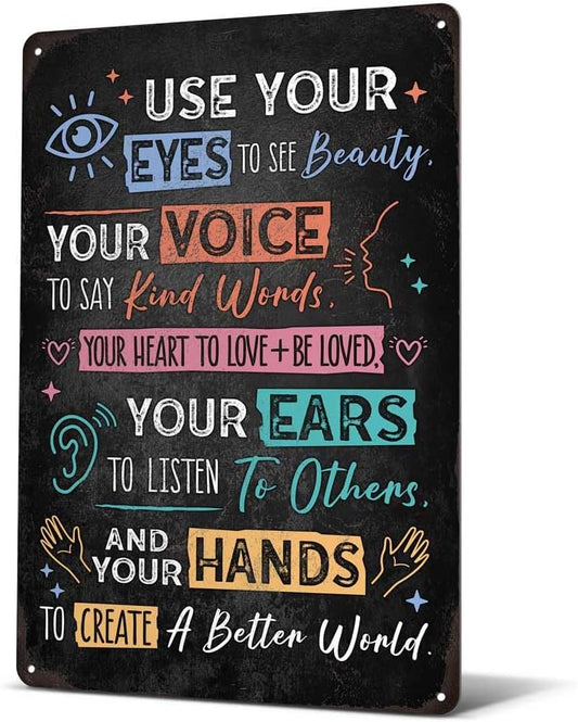 Heuhuww Vintage Positive Energy Wall Decor-Use Your Eyes To See Beauty Your Voice To Say Kind Words Metal Sign for Home Classroom Cafes Bedroom Positive Energy Gifts 8"x12"(H26)