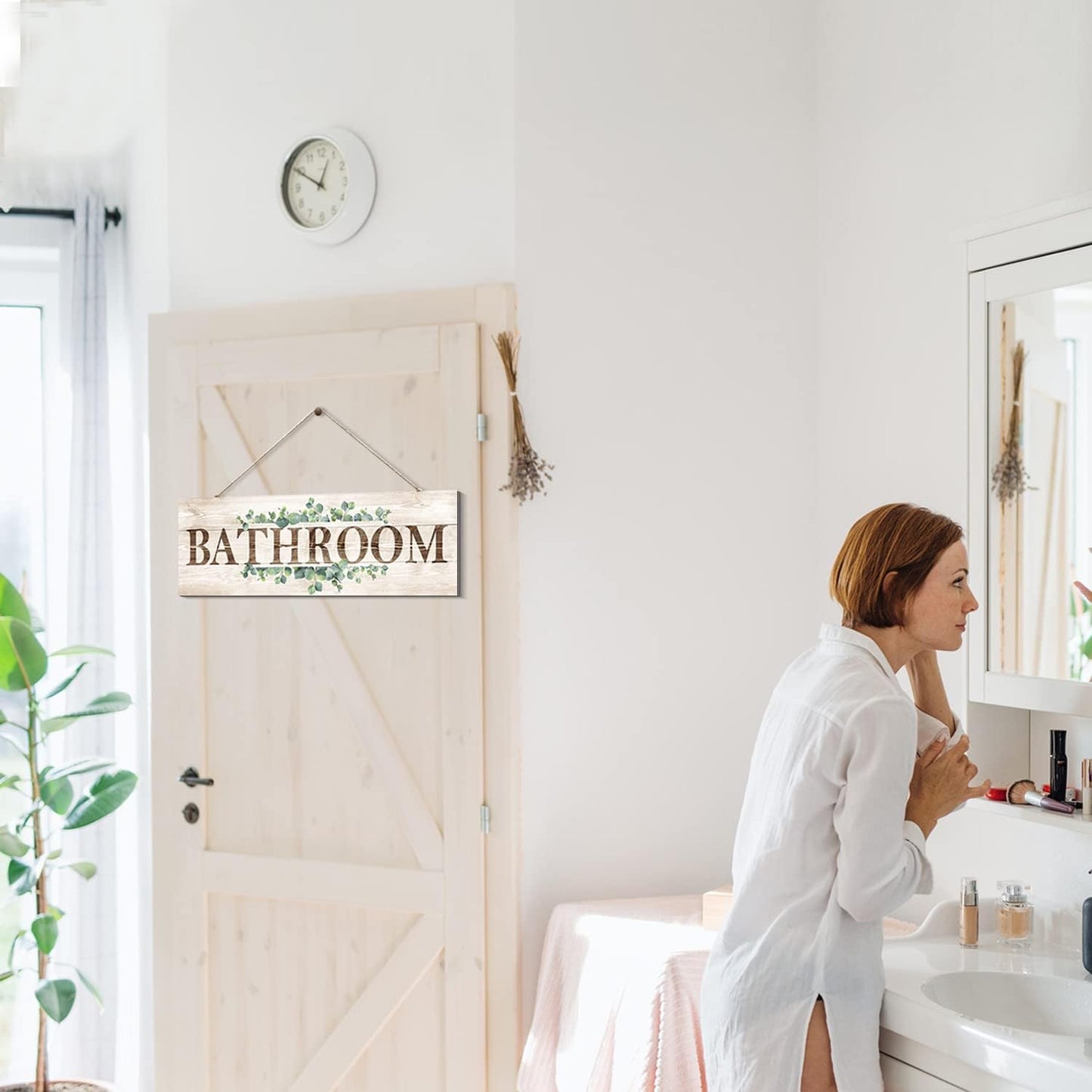 Bathroom Sign Wall Decor, Bathroom Wall Art with Plant Print, Rustic Farmhouse Wall Hanging Plaque Home Kitchen Decorative Bathroom, 4.7 x 13.7 inches