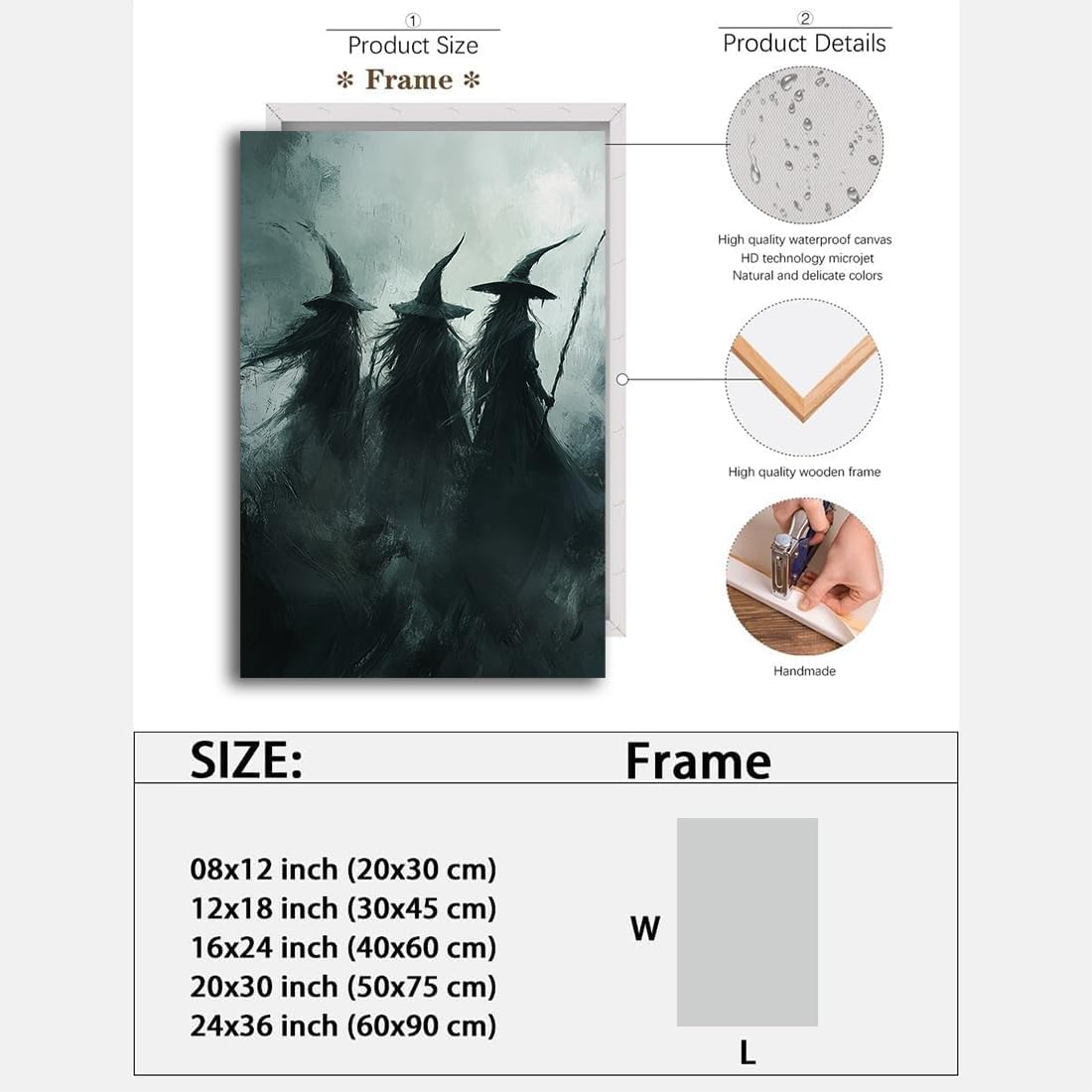 Gothic Witchs Horror Halloween Wall Art,Three Witches in Moody Forest Painting Wall Decor,Autumn Spooky Witches Forest Canvas Printing For Gallery Living Room Bedroom,20"x30" Framed