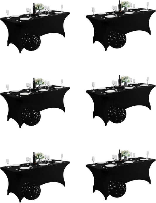 SuperO 6Pack Waterproof Spandex Table Cover for 6FT Table Universal Fitted Stretch Tablecloth for Party, Banquet, Wedding and Events-Black