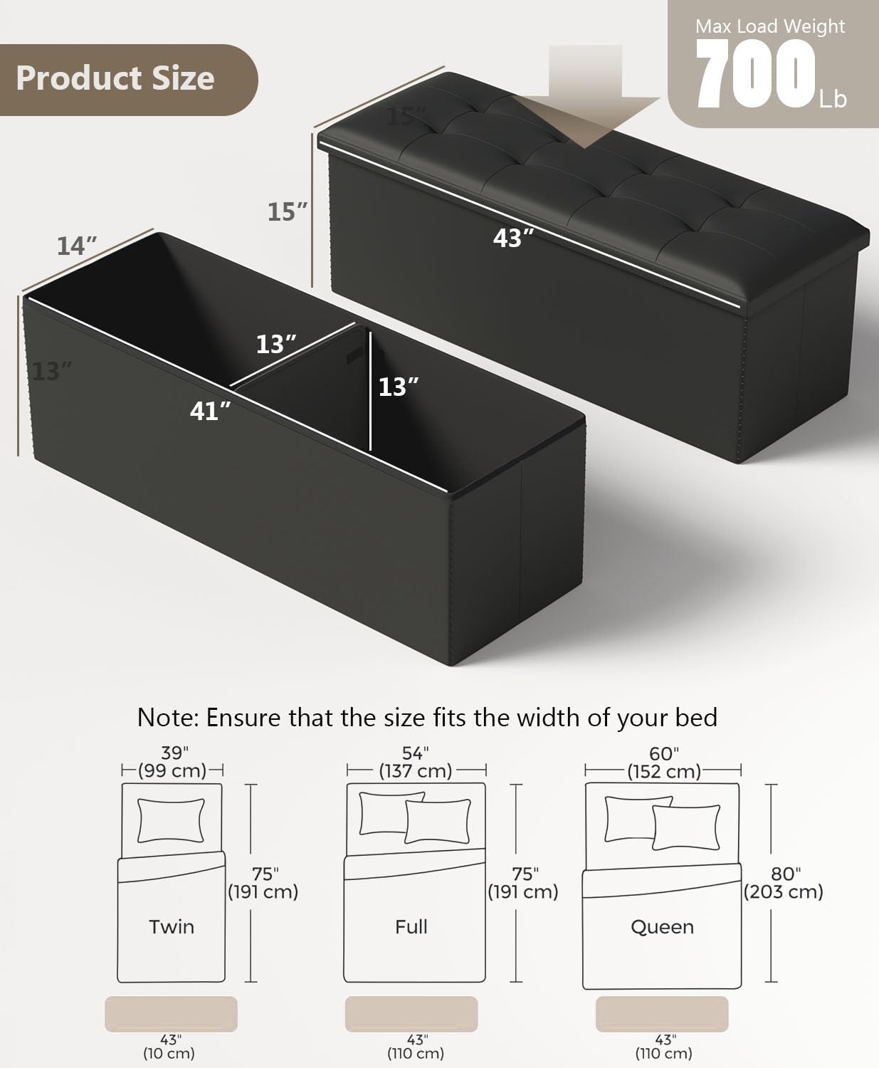 Storage Ottoman Bench, Folding Ottoman Foot Rest, 15 x 43 x 15 Inches, End of Bed Bench,Storage Chest, for Living Room, Bedroom, Hallway, Entryway, Holds up to 700 lb,Black