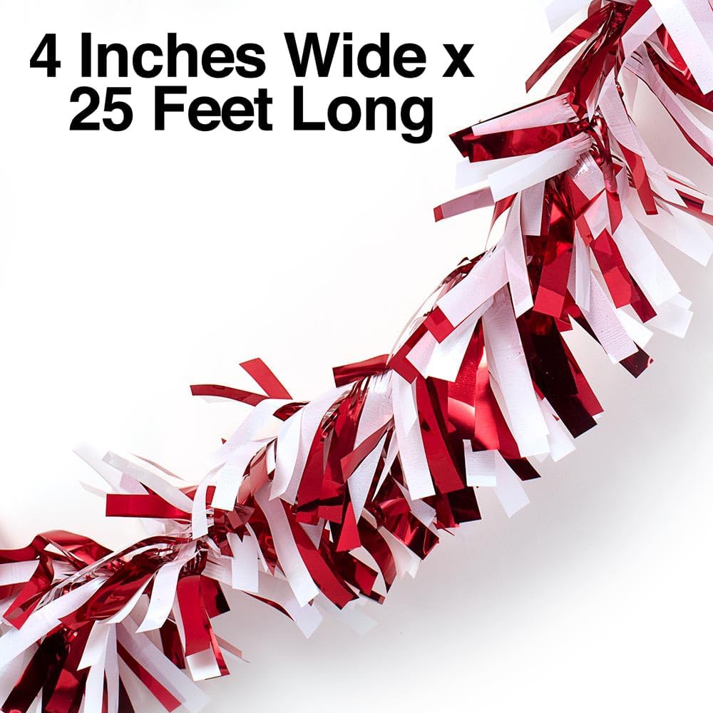 Anderson's Red & White Sparkle Glitter Metallic Tinsel Twist for Trailer Or Golf Cart, 4 inches Wide x 25 ft Long, Christmas, Birthday, Patriotic and Holiday Garland Decor for Parties and Parades