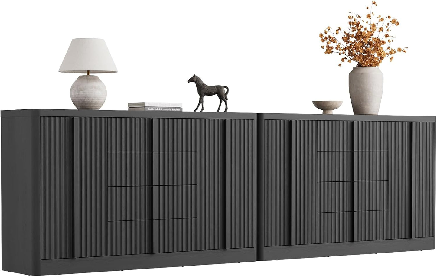 Buffet Cabinet with Storage, 120" Fluted Coffee Bar with 8 Drawers & 4 Doors, Modern Sideboard Buffet with Solid Wood Handle, Credenza Storage Cabinet for Living Room Kitchen Dining Room, Black(2PCS)