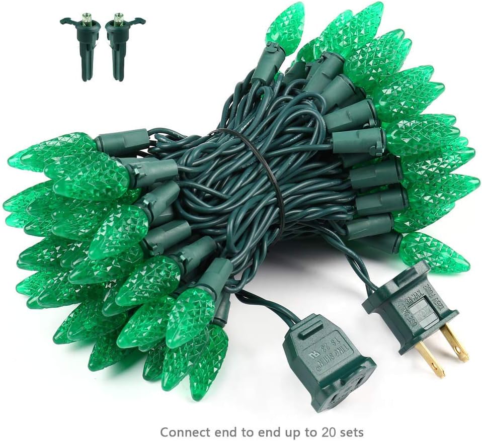 Brizled C5 Green Faceted LED Christmas Lights, 100 LED 33ft Connectable 120V UL Certified Outdoor Xmas Lights for Halloween & Christmas Party Decoration