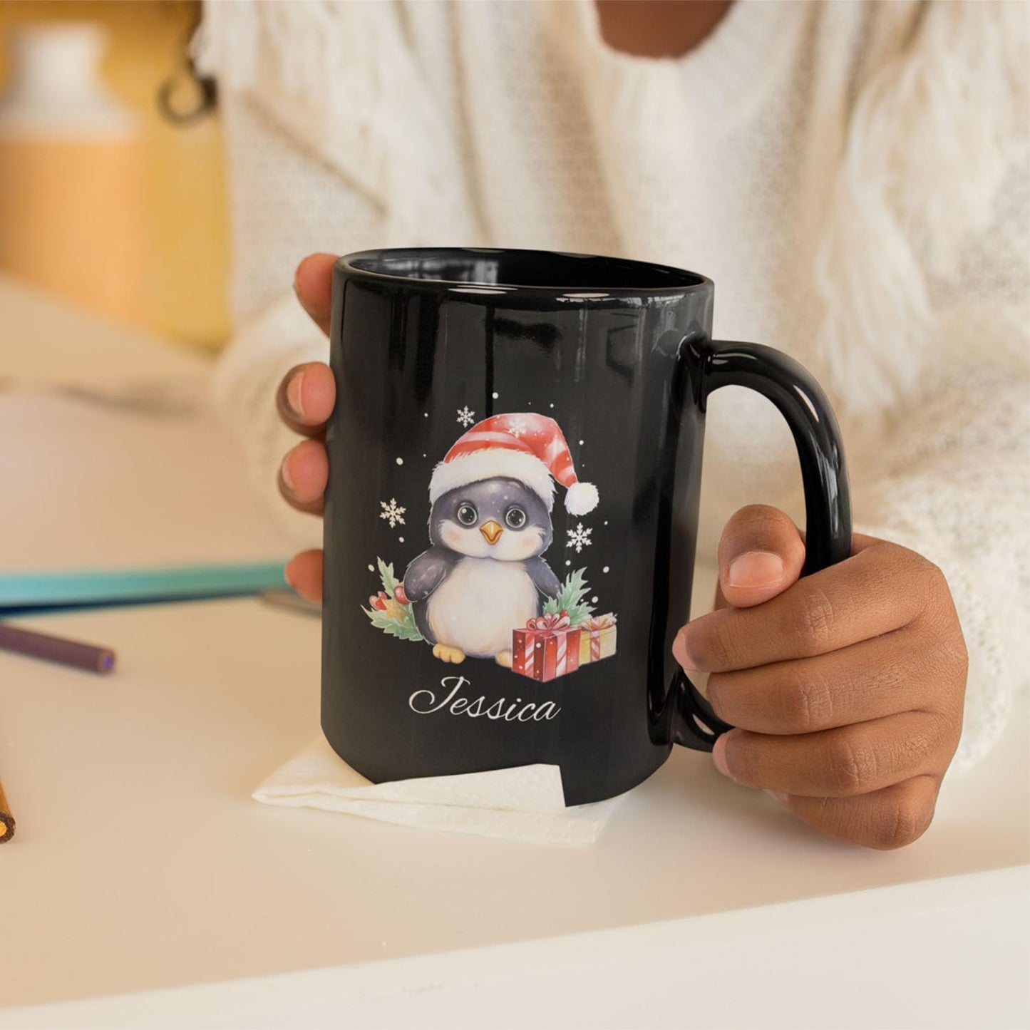 Customized Christmas Themed Black Cup, Personalized Cute Xmas Penguin Mug With Name, Gift For Christmas, Custom Animal Wearing Santa Hat Design Cup, Christmas Animal Coffee Mug 11oz 15oz