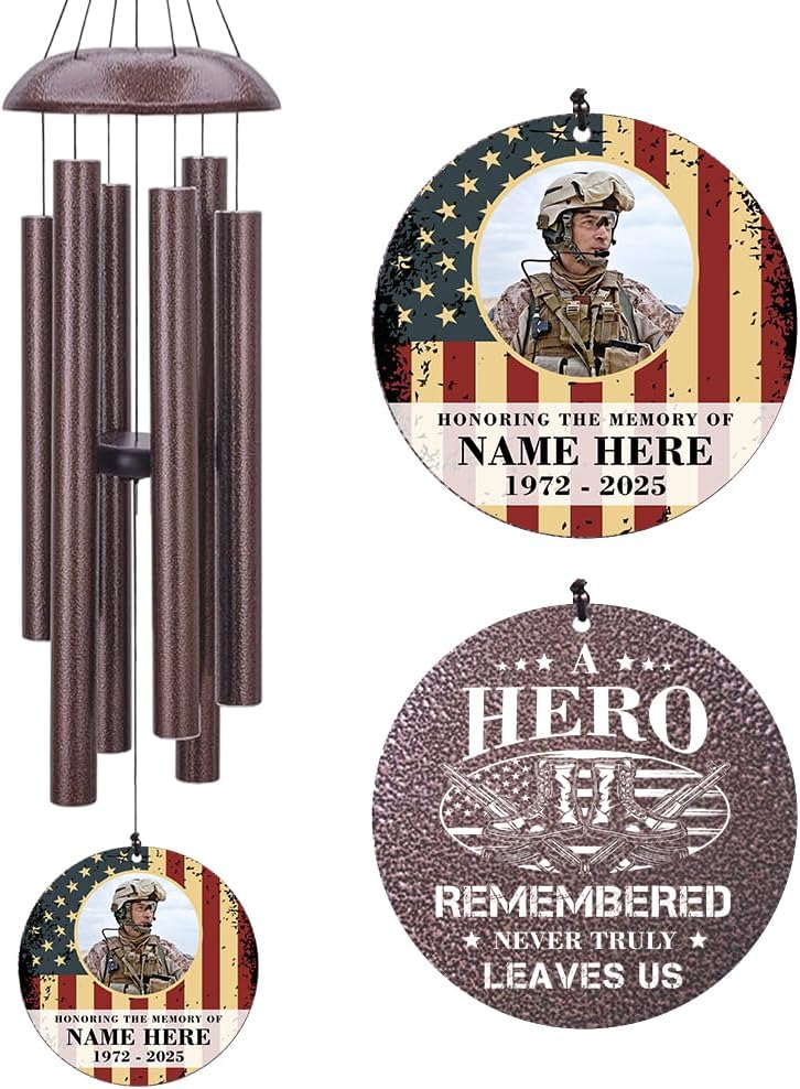 36inch Personalized Wind Chimes, Memorial Wind Chimes for US Veteran, Wind Chime for Loss of Loved Dad/Mom, Sympathy Memorial Gifts, Thank You Veteran Solider