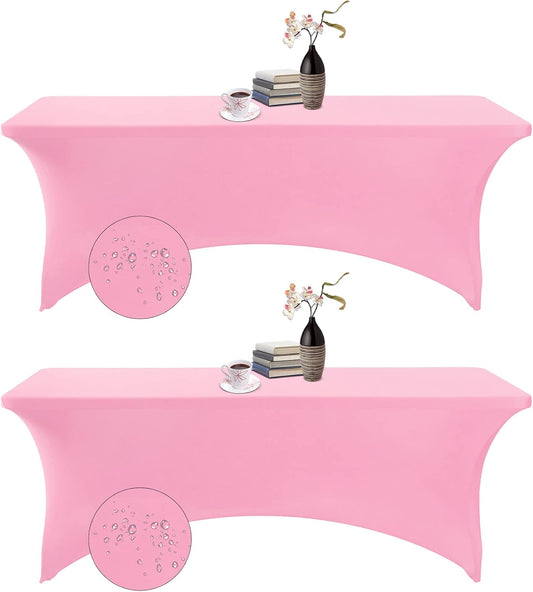 2Pack Spandex Waterproof Table Covers 8ft，Spandex 8ft Waterproof Table Cover for Party,Wedding, Banquet, and Events(Pink)