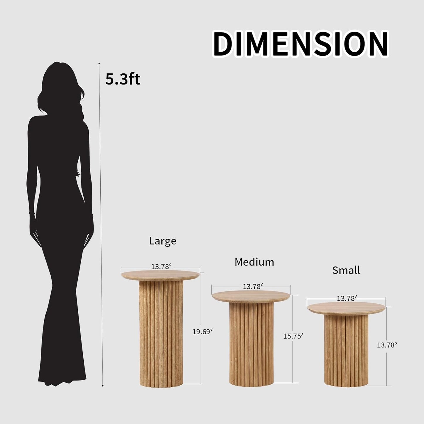 Round Nesting Coffee Table Set of 3,Mid Century Modern Fluted Coffee and End Table Set,Small Circle Wooden Side Table Drink Table for Living Room (Natural)