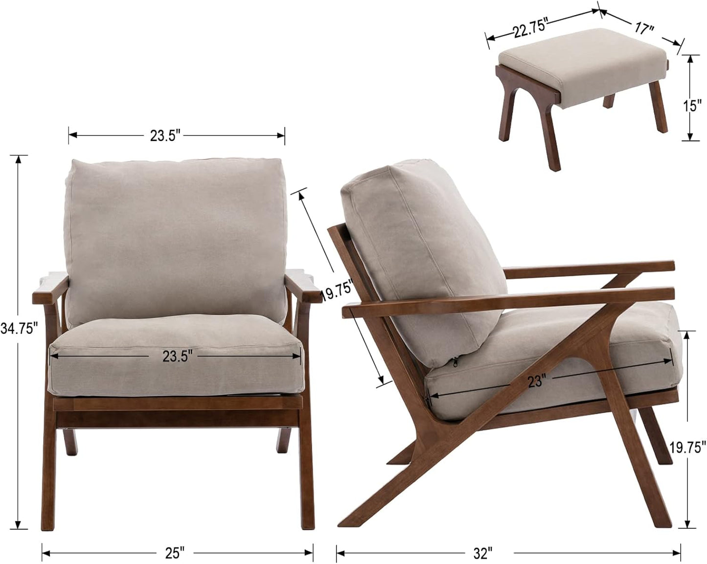 Mid Century Modern Accent Chair with Ottoman, Farmhouse Linen Upholstered Living Room Armchair and Ottoman Set, 23" Seat Wide Retro Leisure Lounge Chair with Wood Frame for Home, Bedroom, Beige