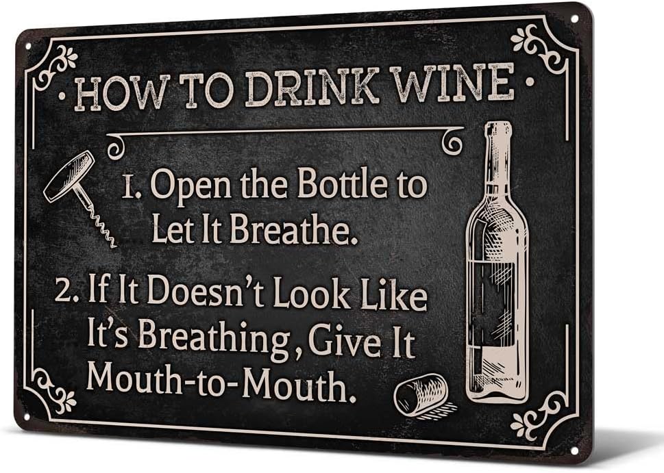 Heuhuww Funny Wine Bar Metal Sign-How To Drink Wine Wall Decor for Farmhouse Bar Station Wine Themed Gifts 8"x12"(H29)