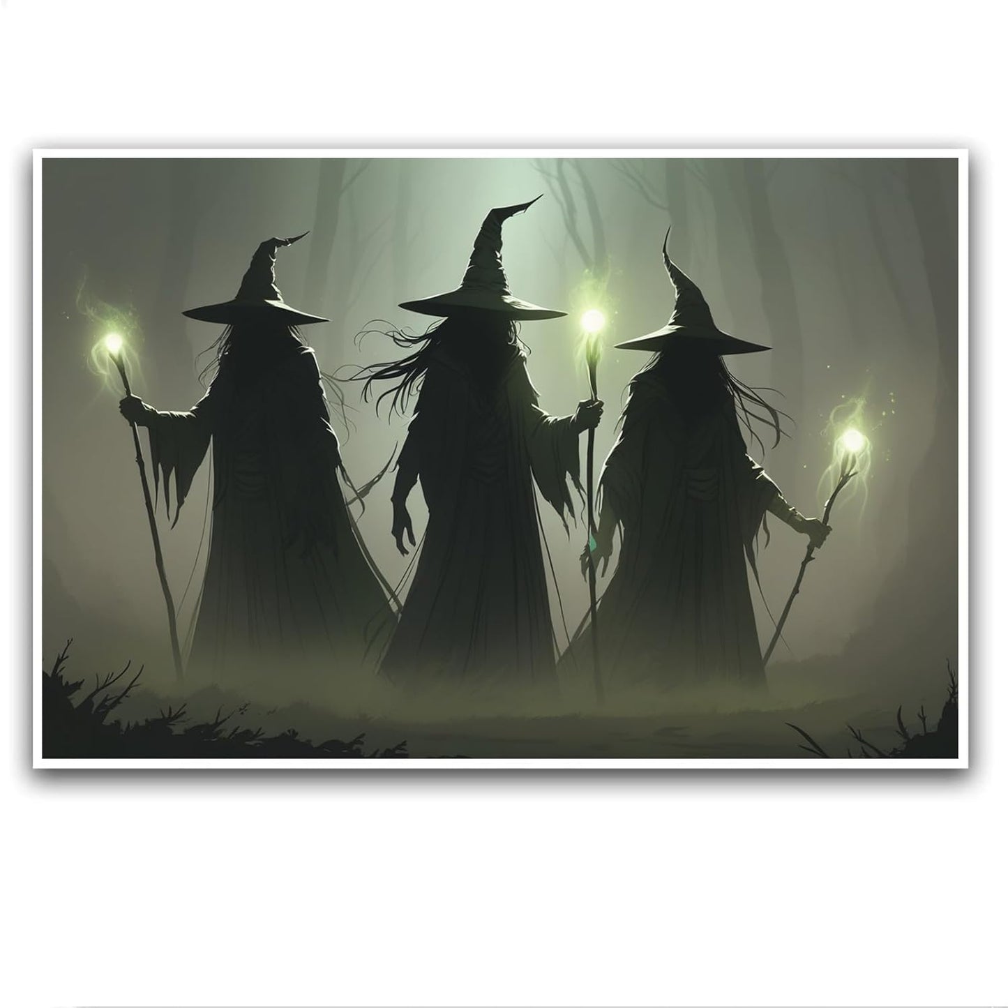 JFHCQJPK Vintage 3 witches canvas wall decor melancholy dark Halloween poster wall decor holding a staff print Gothic horror Halloween painting print for living room bedroom28x40in Frameless