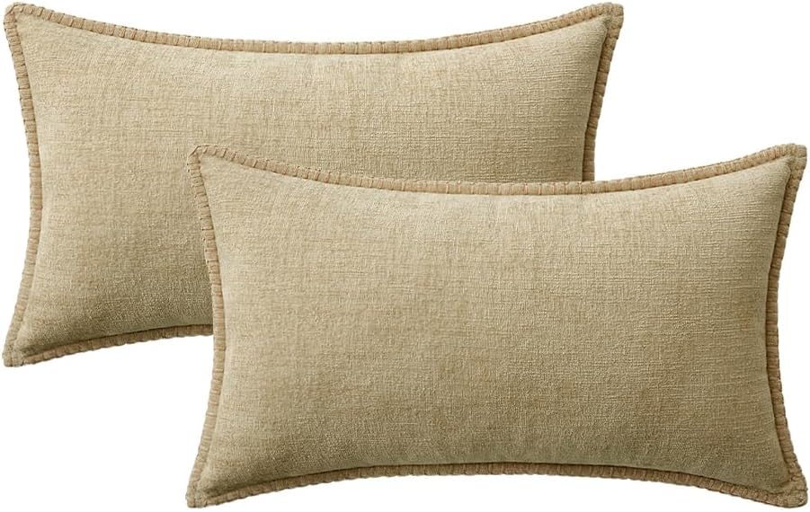 MIULEE Pack of 2 Couch Throw Pillow Covers 12x20 Inch Beige Farmhouse Decorative Pillow Covers with Stitched Edge Soft Chenille Solid Dyed Spring Pillow Covers for Sofa Bed Living Room