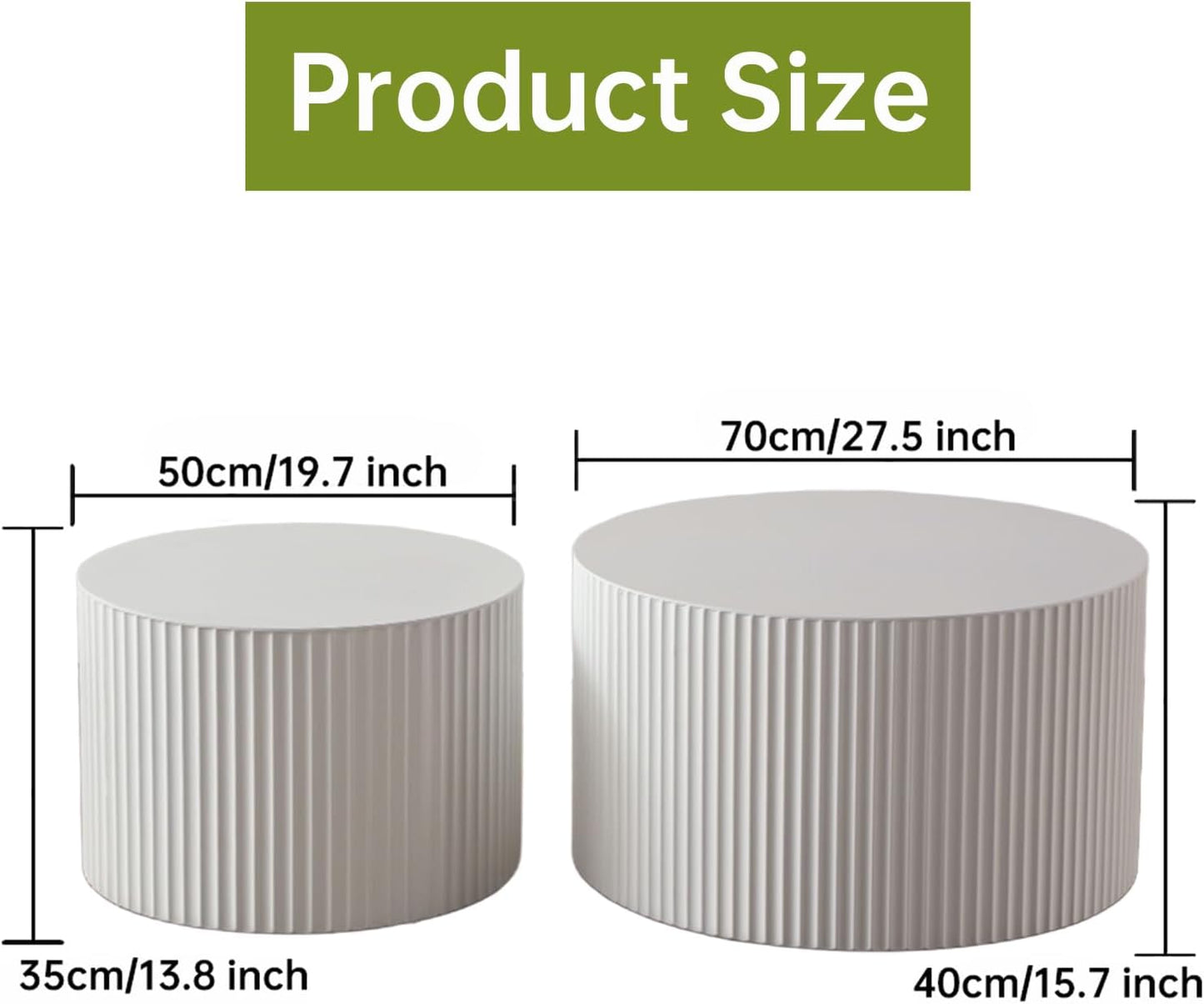 Round Nesting Coffee Table Modern White Fluted Coffee Table Set of 2 for Living Room Circle Drum Coffee Tables Round Nesting Tables for Small Spaces (White B 27in)