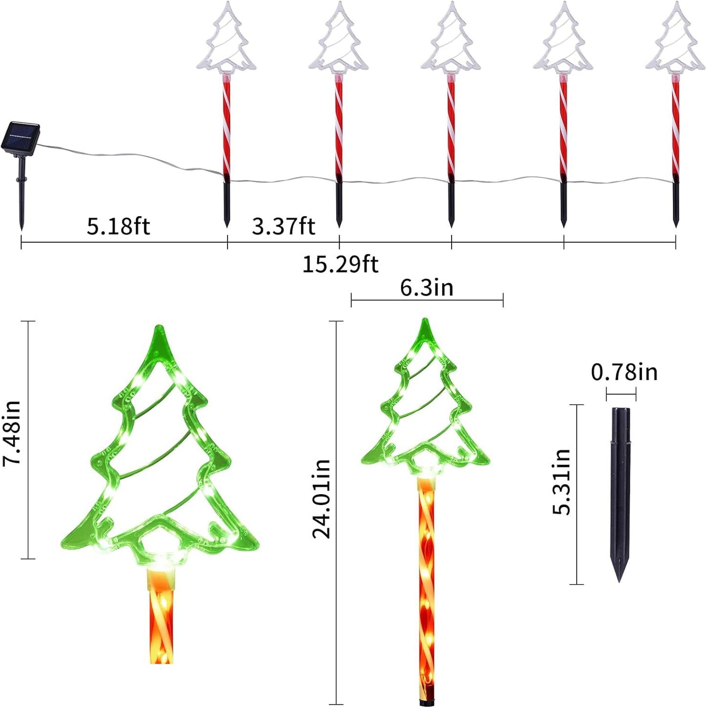 Christmas Solar Pathway Lights Outdoor Decorations， 8 Modes Xmas Tree Candy Lights Waterproof Led Garden Stake Light for Walkway Yard Lawn Porch Holiday Decor 10-Pack (Red Tube Tree, 10 Pack)