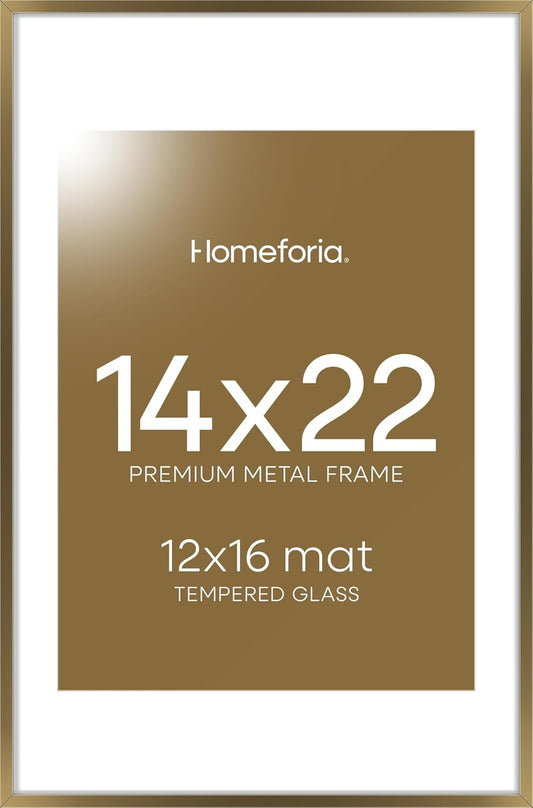 Homeforia 14x22 Picture Frame Bronze, High End Metal 14x22 Brass Poster Frames with Mat 12x16 for Photo, 14 x 22 Frame Matted to 12 by 16 Print, 22x14 Hanging Frame, Tempered Glass, Wall Kit, Set of 1