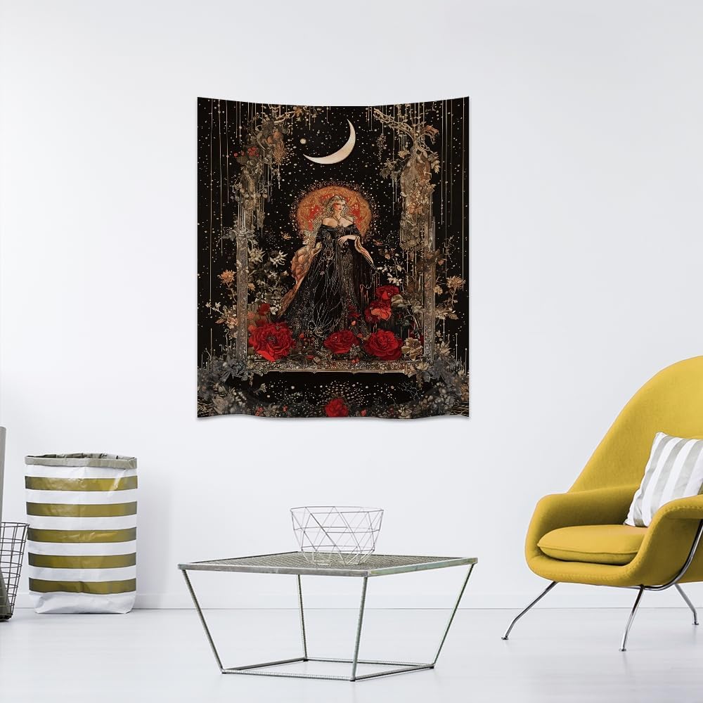 Dark Academia Moon Goddess Tapestry Gothic Fantasy Rose Wall Art Mystical Witchy Woman Print Victorian Artwork Aesthetic Tapestries Wall Hanging for Girls Room Bedroom Decor 70x90inch