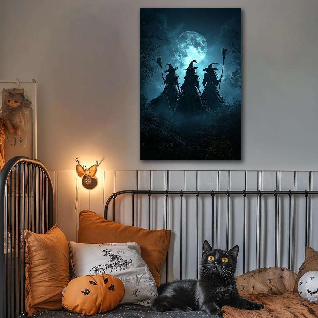 Moonlight Witches Halloween Canvas Art Picture,Three Witches on Broom in Forest Painting Print Gothic Decor,Halloween Witch Poster Witchy Room Aesthetic Bedroom Home Decorations,16"x24" Framed