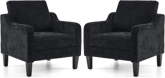 VINGLI Living Room Chairs Set of 2, Black Accent Chair 5.5" Thick Seat Cushion Comfy Chair Soft Chenille Side Chair Upholstered Arm Chair for Bedroom, Play Room, Apartment, Office (Black)