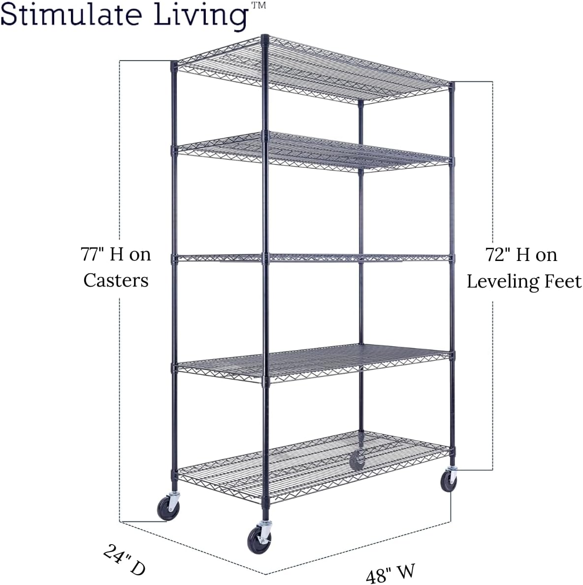 48"x24"x72" Prime Heavy Duty Black 5-Tier Steel Wire Shelving NSF 4000 LBS MAX Capacity Storage Rack for Commercial, School, Home, Garage, Warehouse, Industrial, and Hospital Uses (with Wheels)