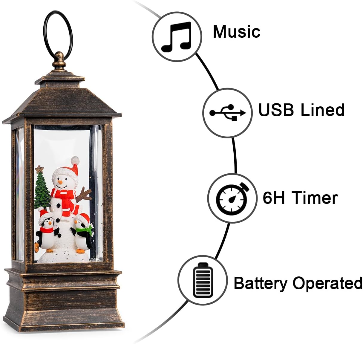 10'' Musical Snow Globe Lantern Lighted Snowman with Penguin Water Lantern Swirling Glittering Home Decoration and Gift, Battery Operated or USB Powered