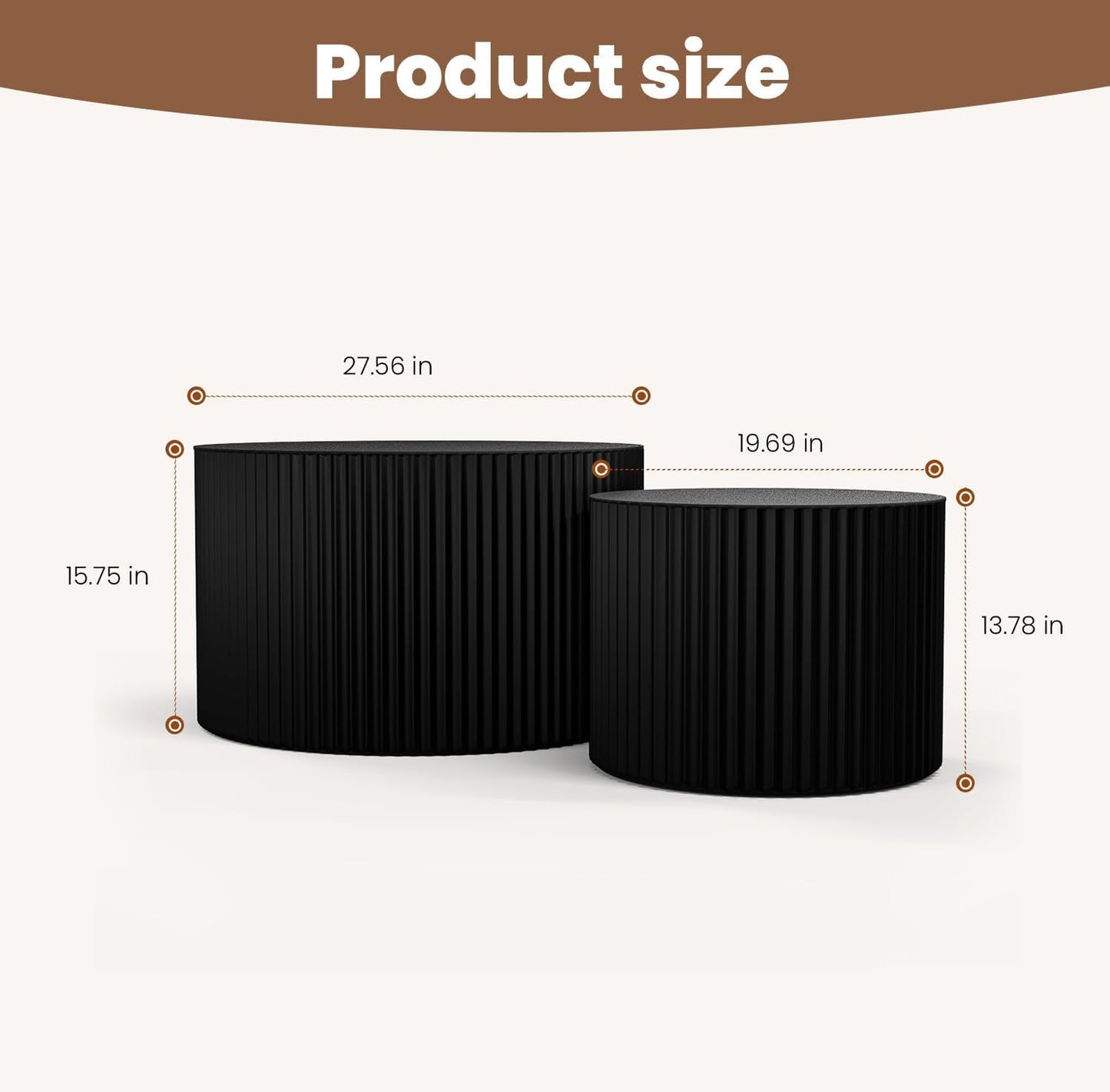 Round Nesting Coffee Table Wood Drum Nesting Tables Modern Stacking Coffee Table Set of 2 Fluted Center Table End Table for Living Room Home Office Small Spaces, No Assembling (Black Large)