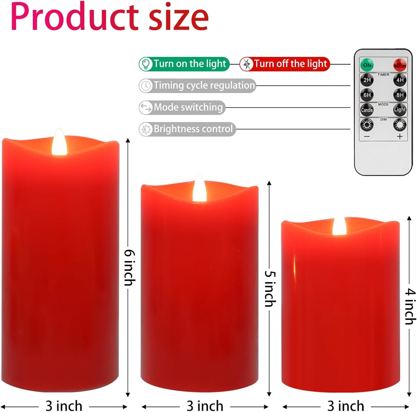 Red Flameless Candles with Remote, Flickering Battery Operated Candles with Timer, Real Wax LED Pillar Fake Candles for Christmas Party Home Decor, Set of 3