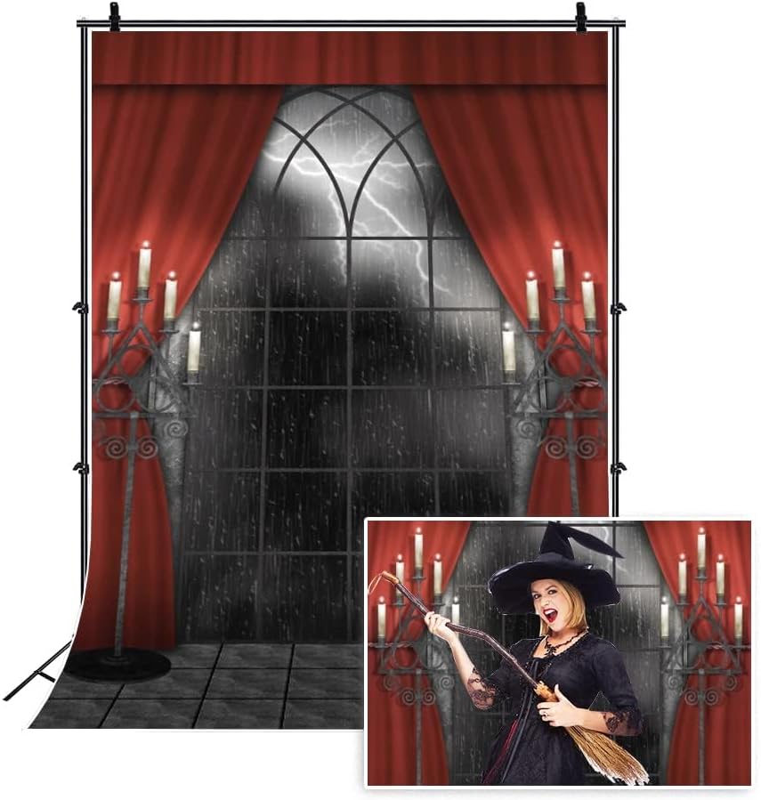Renaiss 4x6ft Vintage Gothic Window Backdrop Red Curtain Candlestick Black Floor Lightning Stormy Sky Vampire Medieval Castle Photography Background Halloween Dress Up Party Decors Photo Booth Props