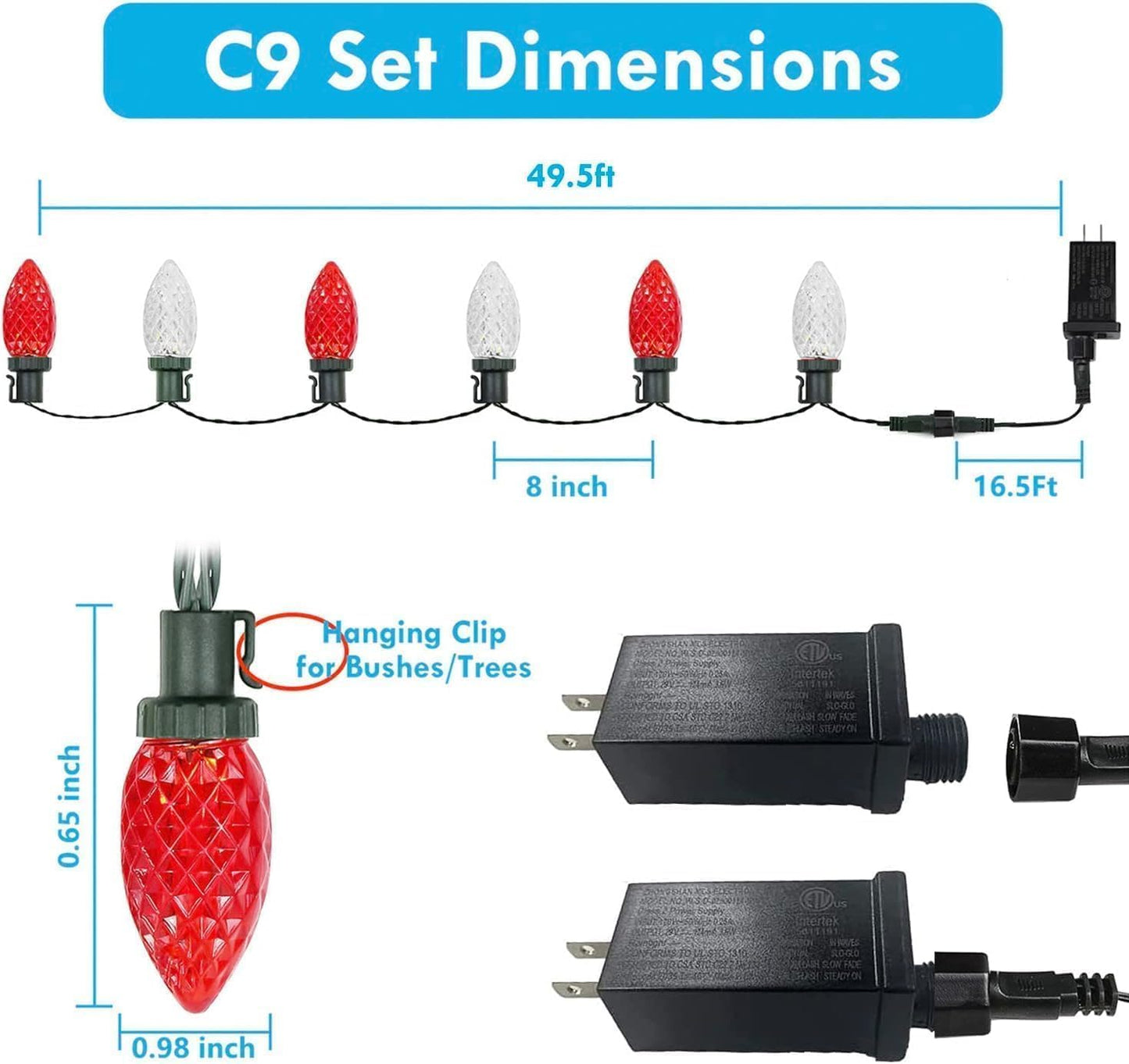 Extendable Red and White 50 LED Waterproof C9 LED Christmas Lights Indoor Outdoor Green Wire, Super Bright C9 Christmas String Lights for Tree, Patio, Easter, Porch, Home, Christmas Decorations