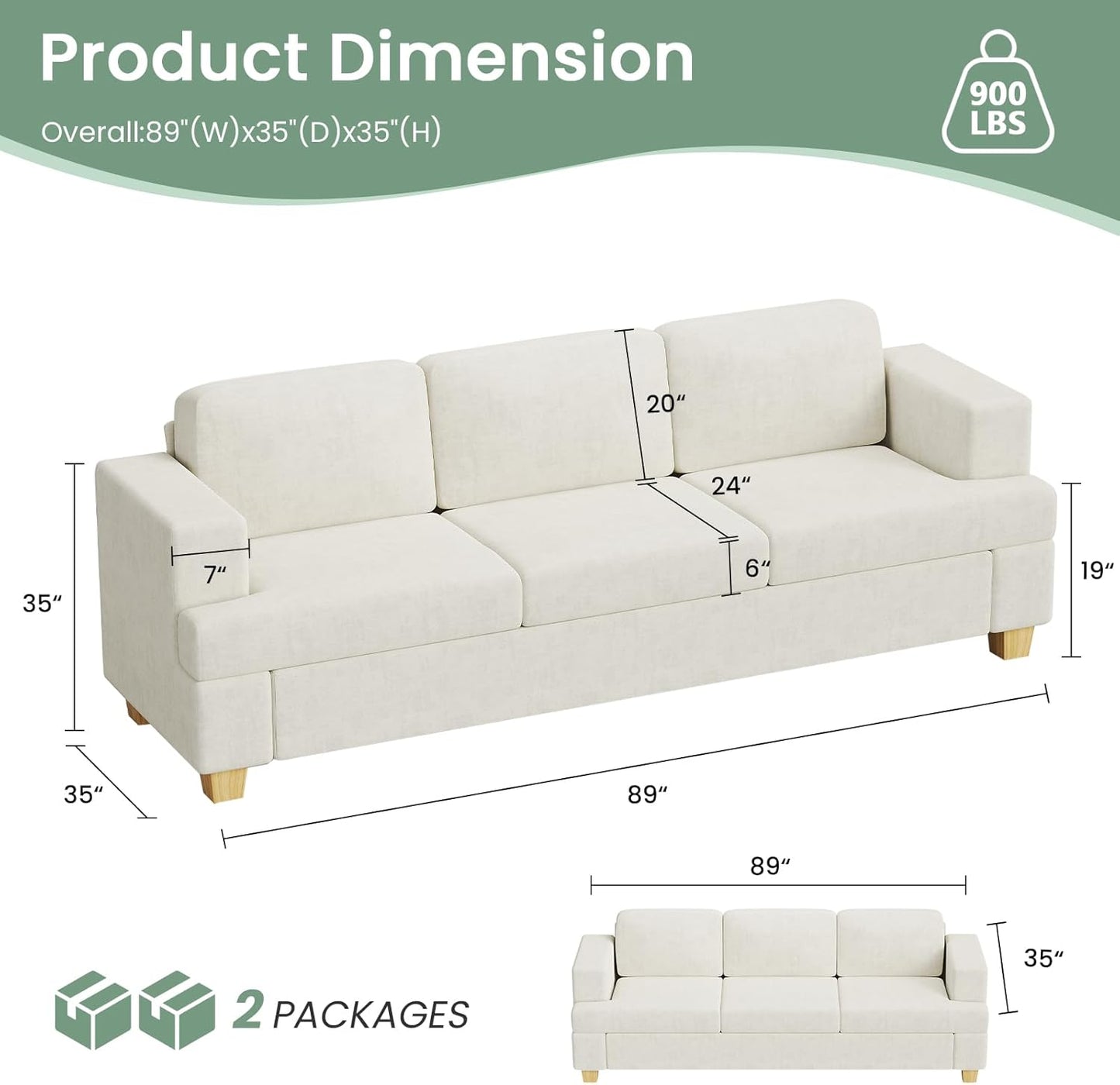 Sofa, 89" 3-Seater Deep Seat Sofa, Modern Comfy Couches for Living Room Apartment Lounge, Beige Chenille