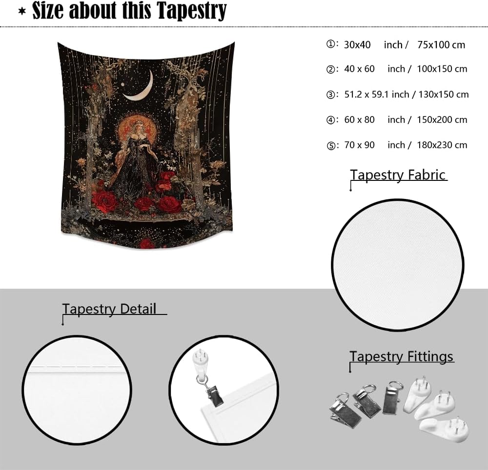 Dark Academia Moon Goddess Tapestry Gothic Fantasy Rose Wall Art Mystical Witchy Woman Print Victorian Artwork Aesthetic Tapestries Wall Hanging for Girls Room Bedroom Decor 30x40inch