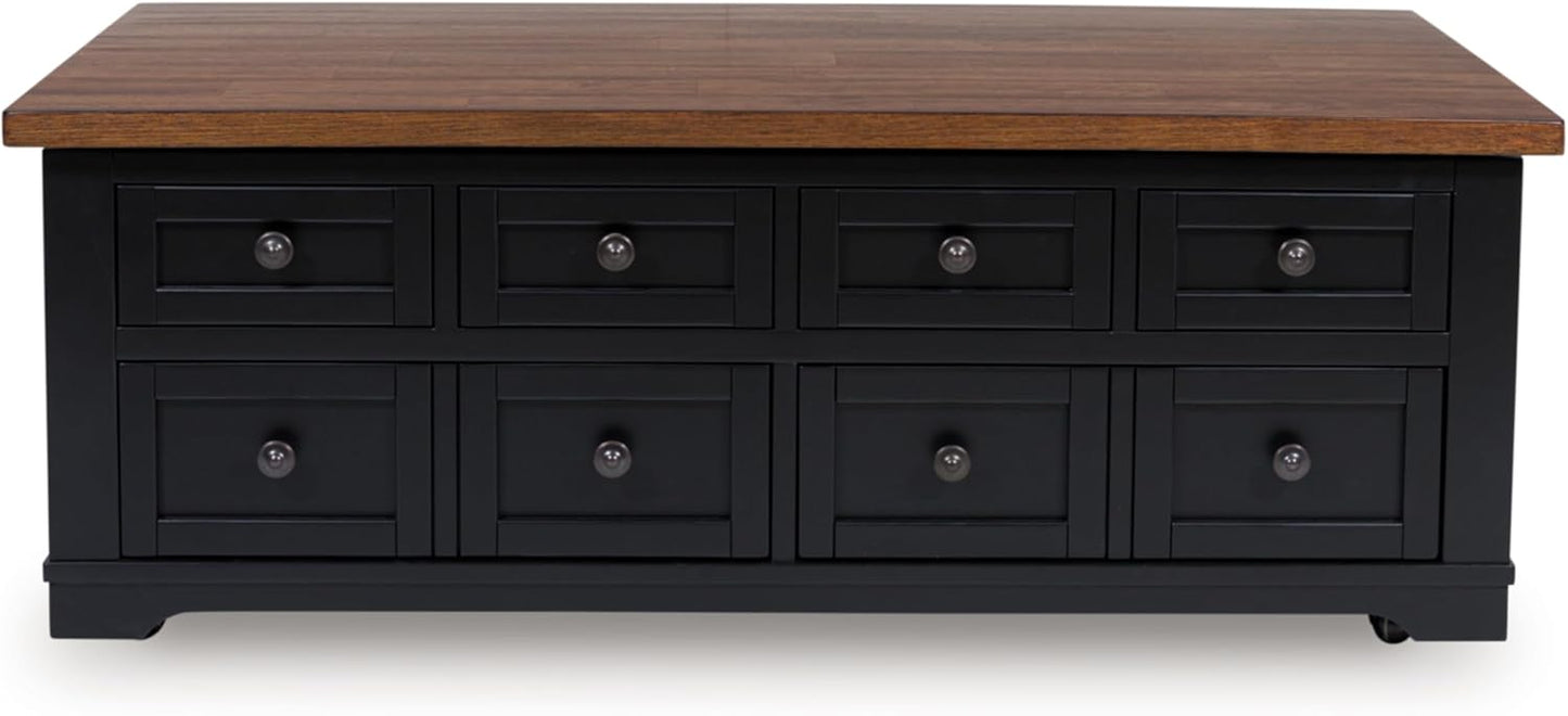 Signature Design by Ashley Wildenauer Farmhouse 2-Drawer Lift-Top Coffee Table with 2 Storage Bins Under Top and Casters, Light Brown & Black