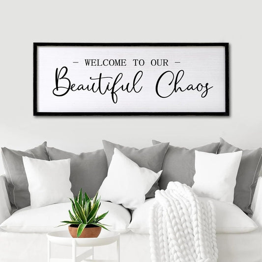 Welcome to Beautiful Chaos Framed Wall Art, 40''×15'' Rustic Horizontal Beautiful Chaos Plaque with Black Frame for Entryway Living Room, Farmhouse Long Welcome to our Chaos Wood Sign Wall Decor