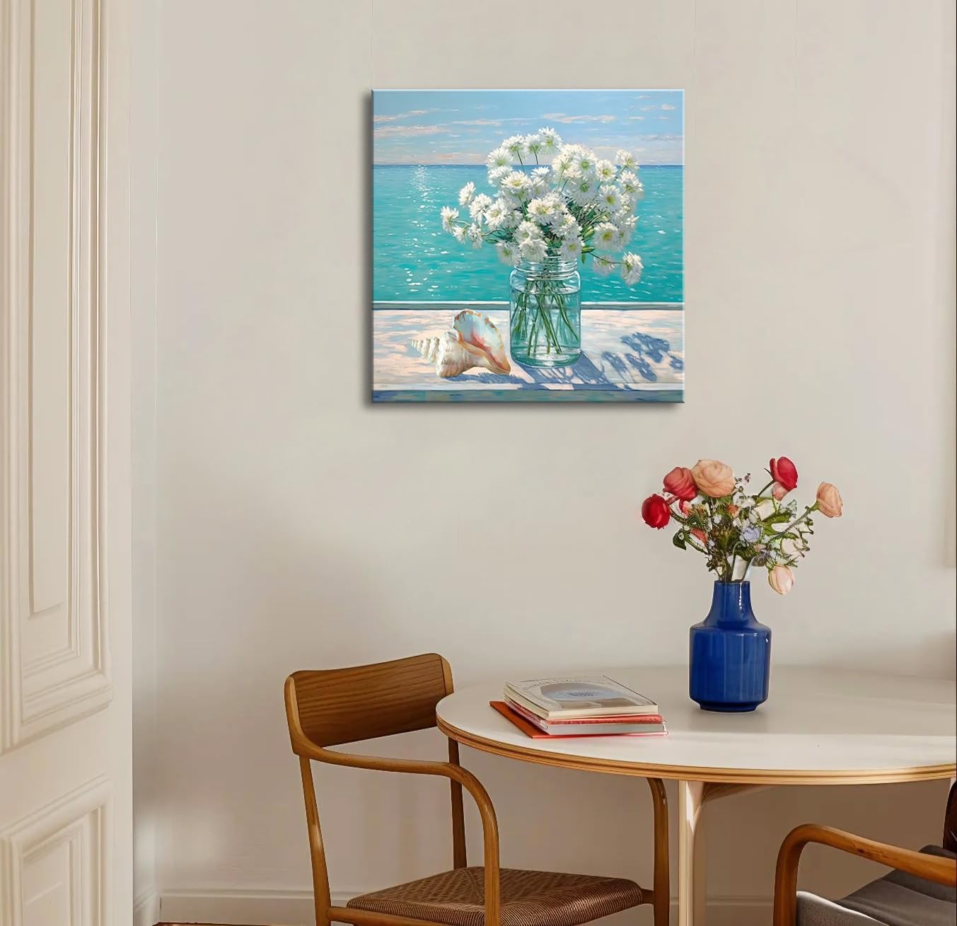 Bathroom Decor Ocean Daisy Flower Canvas Wall Art Coastal Nautical Seashell Seascape Framed Picture Ocean Theme Seascape Painting Artwork for Bedroom Home Decoration Square Blue 14x14"