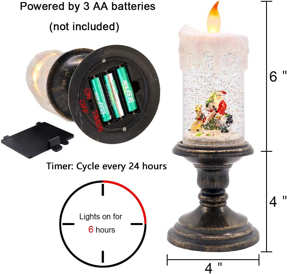 Eldnacele Battery Operated Lighted Flameless Candles Christmas Snow Globe Candle Light Swirling Water Glittering Spinning Candles for Home Decoration(Santa)