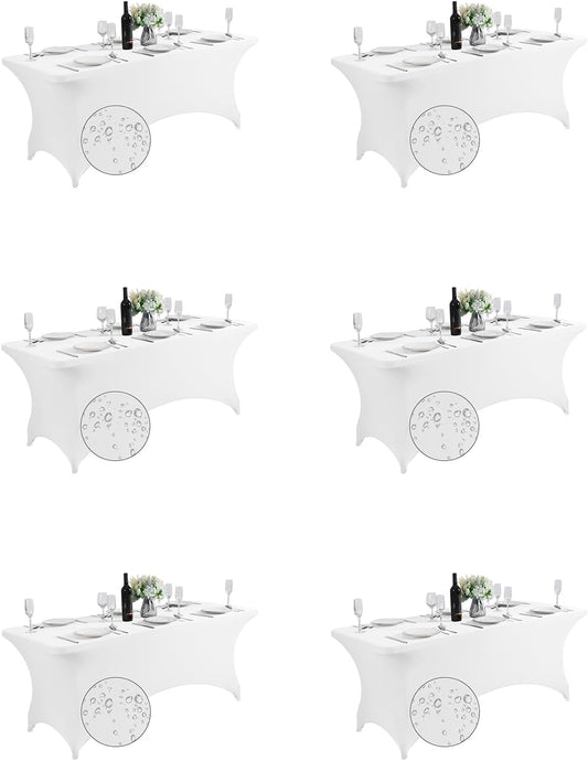 SuperO 6Pack Waterproof Spandex Table Cover for 6FT Table Universal Fitted Stretch Tablecloth for Party, Banquet, Wedding and Events-White