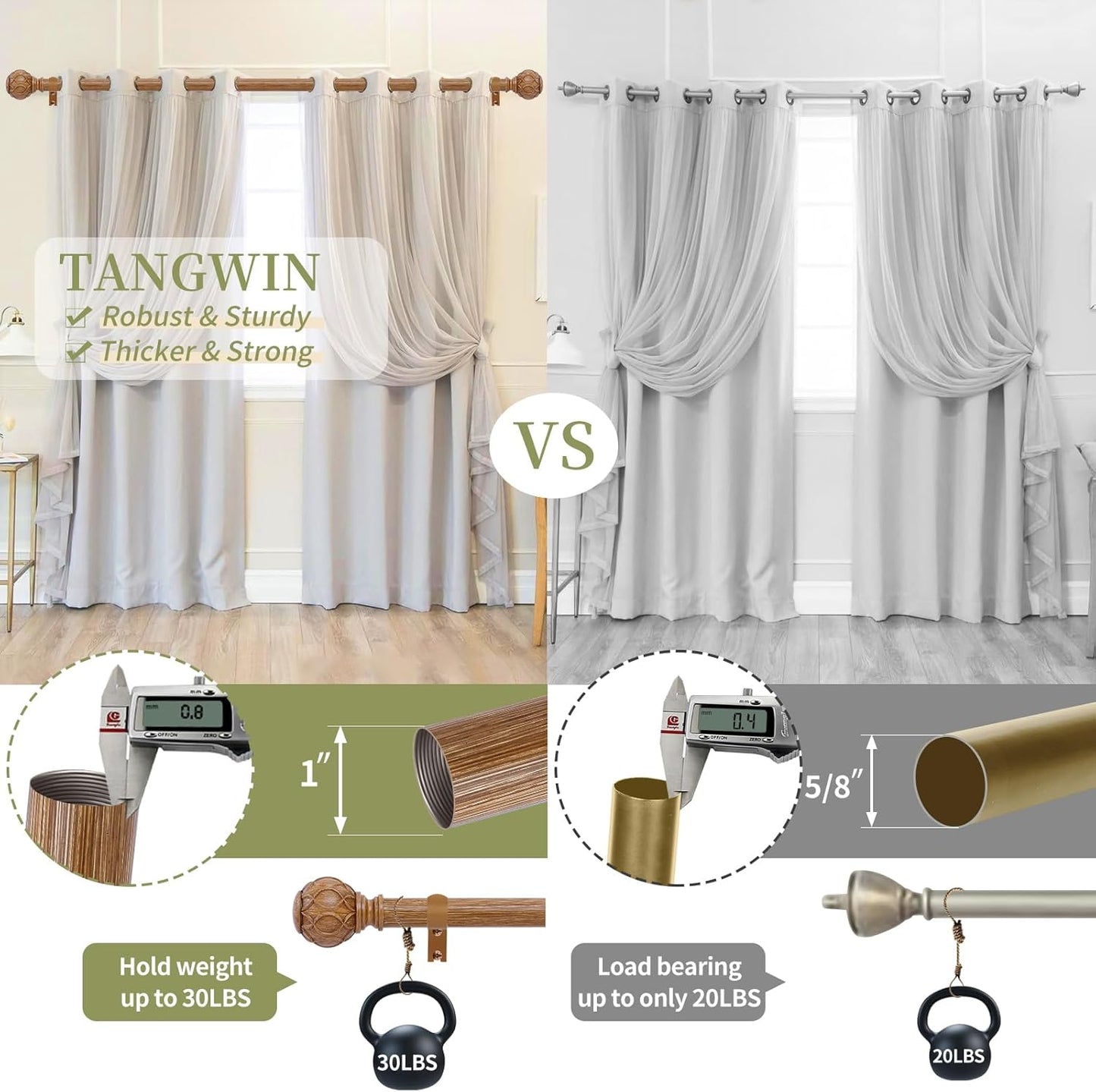Wood Curtain Rods for Windows 28 to 48 Inch(2.3-4Ft),1 Inch Adjustable Curtain Rod,Heavy Duty Curtain Rods,Wooden Netted Texture Finial Drapery Rods,Single Window Curtain Rod 18-45",Brown Wood
