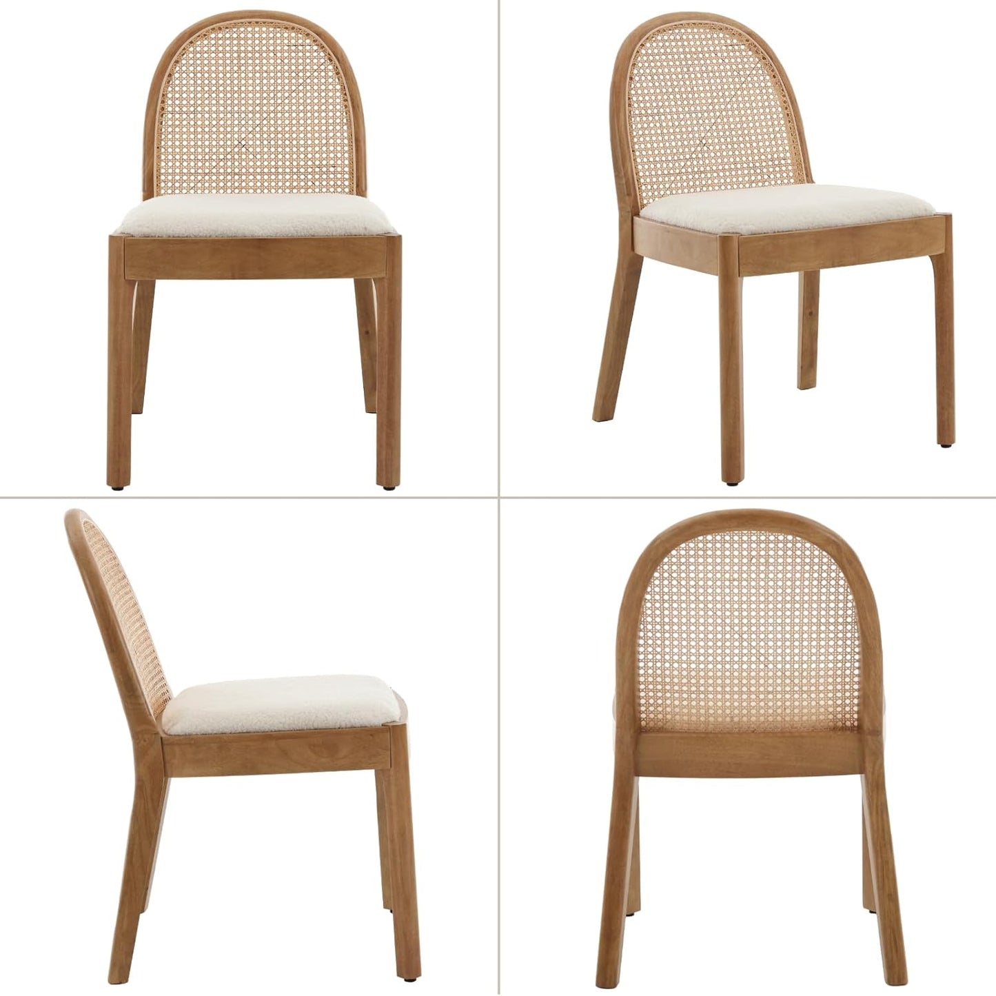 Mid Century Dining Chairs Set of 4, Accent Rattan Side Chairs Sherpa Fabric Kitchen Chair with Solid Wooden Legs for Living Room Dining Room, White
