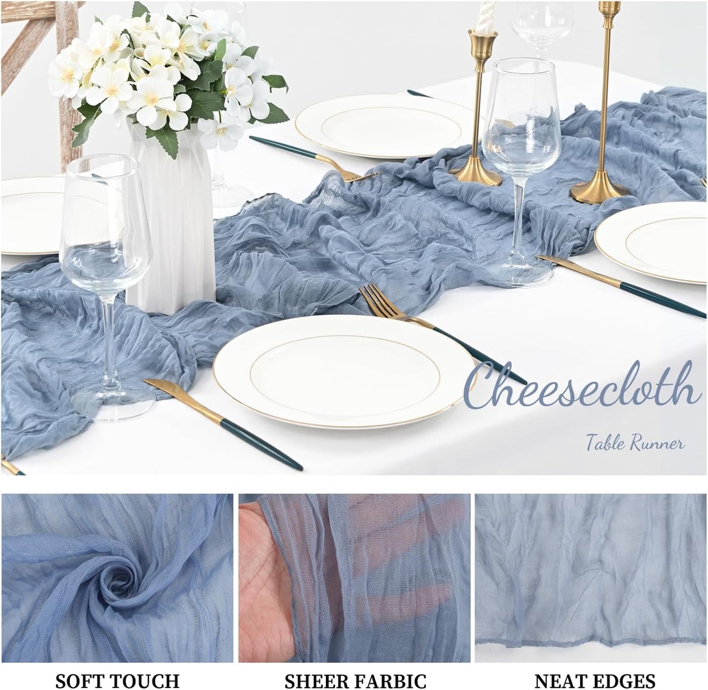 12 Pack Dusty Blue 10FT Cheesecloth Table Runner Rustic Gauze Fabric Cheese Cloth Table Runner for Wedding Bridal Baby Shower Table Decor 20 x 120 Inch Long Boho Sheer Birthday Party Table Decorations