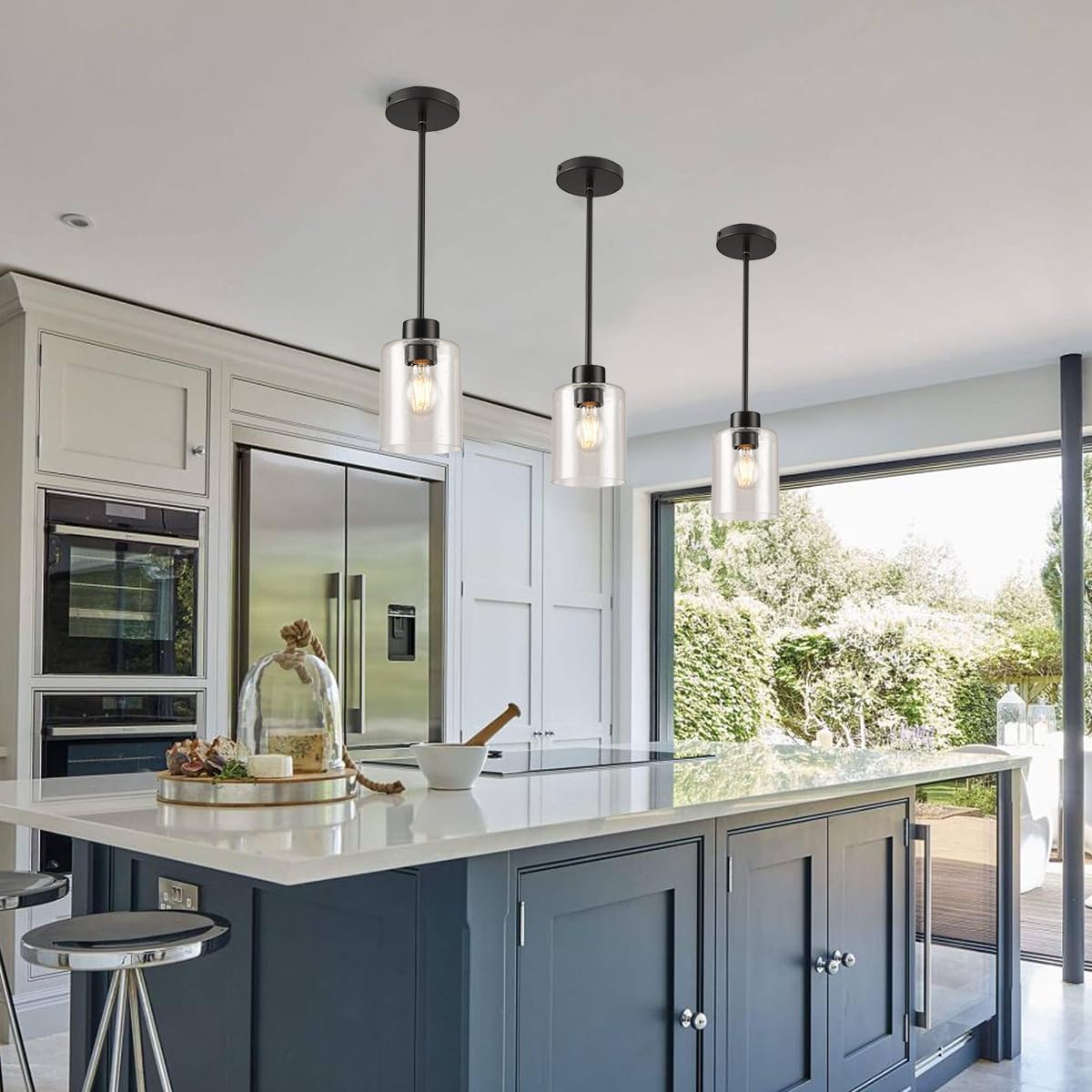 Black Pendant Lights Kitchen Island - Seeded Glass Pendant Light Fixture Multiple Stems Rods 3 Units 12 Inch 3 Units 4 Inch (1 Pack Black Seeded Downrod)