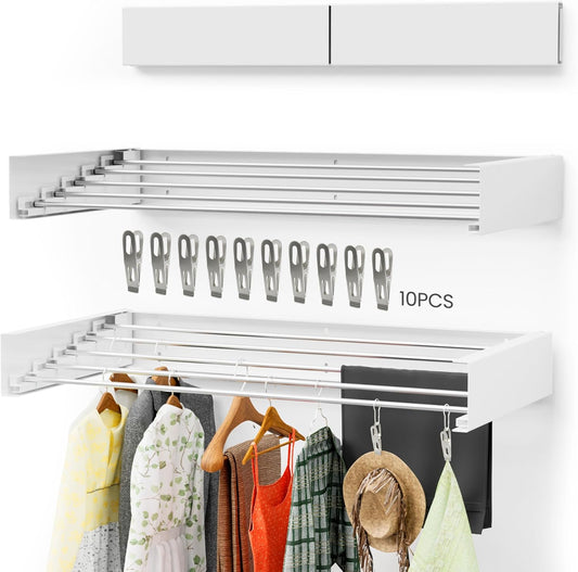 Foldable Wall-Mounted Drying Rack, Heavy-Duty 60 lb Capacity – Space-Saving Folding Laundry Hanger with 10 Clips, Rust-Proof Aluminium Clothes Dryer for Indoor & Outdoor Use