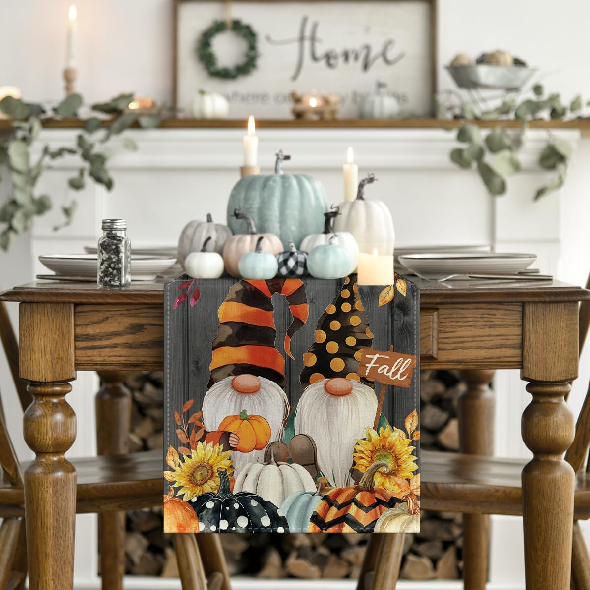 Artoid Mode Fall Gnomes Pumpkins Sunflower Maple Leaves Thanksgiving Table Runner, Seasonal Harvest Vintage Kitchen Dining Table Decoration for Indoor Outdoor Home Party Decor 13 x 48 Inch
