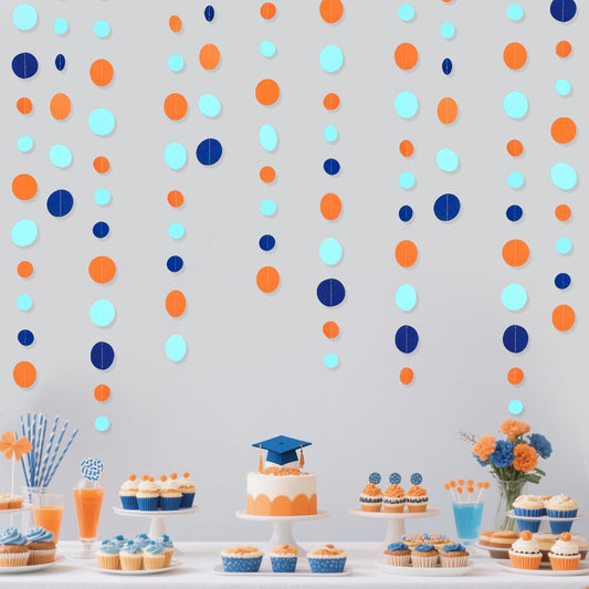 46 Ft Navy Blue Orange and Teal Circle Dots Garland Royal Blue Orange Aqua Polka Dot Hanging Paper Streamer for Birthday Wedding Bridal Baby Shower Outer Space Galaxy Theme Party Decorations Supplies